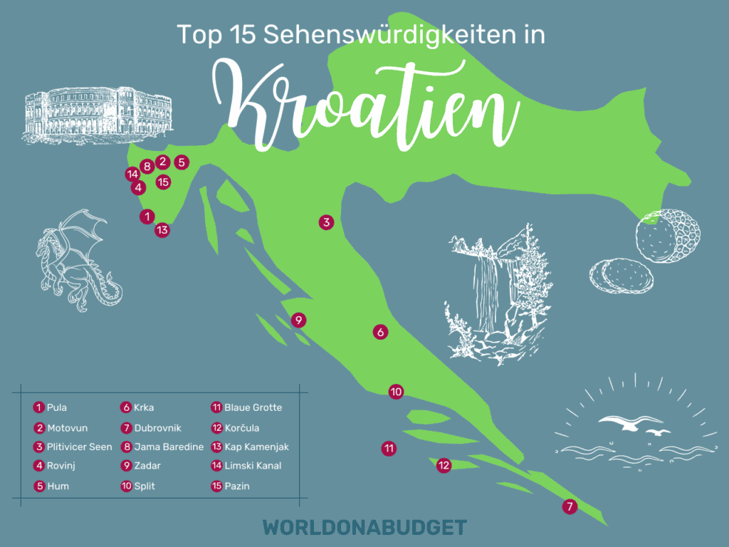 Karte mit den 15 schönsten Sehenswürdigkeiten in Kroatien.