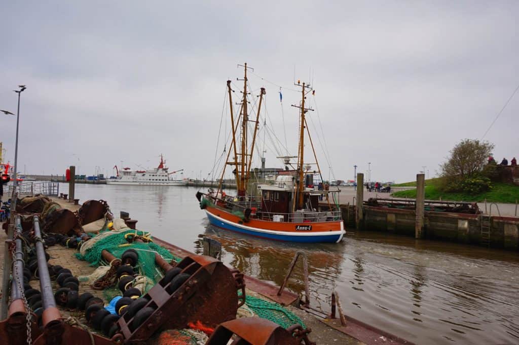 Ein traditionelles Boot verlässt den historischen Hafen von Neuharlingersiel.