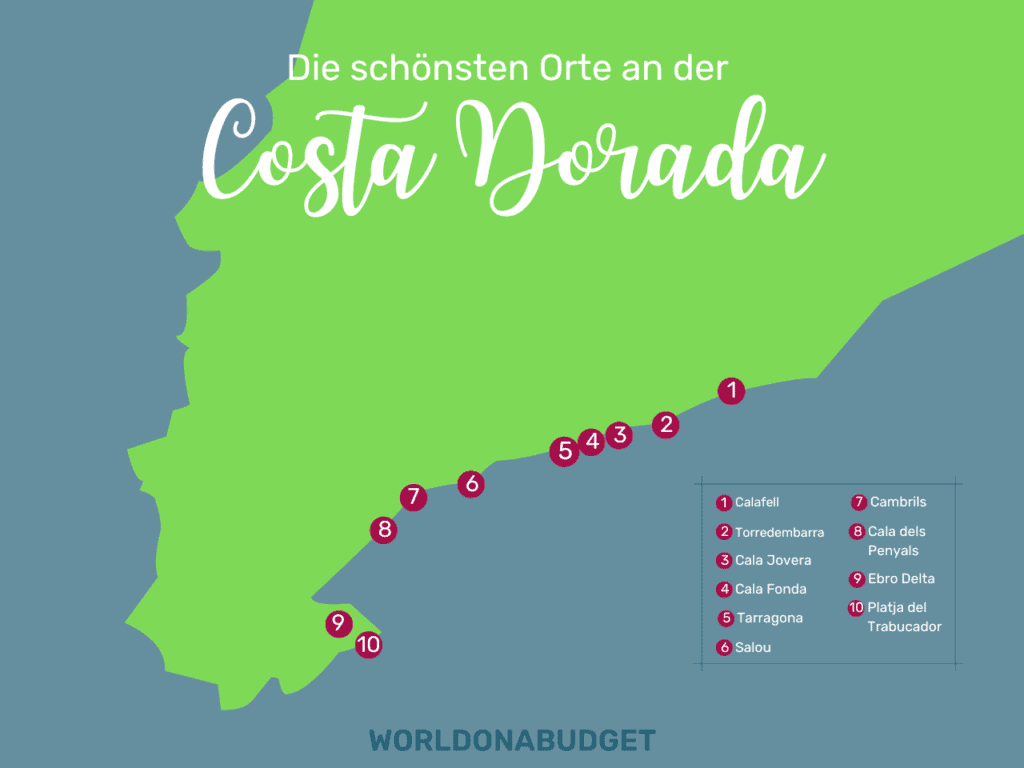 Karte mit Orten und Stränden an der Costa Dorada in Katalonien.