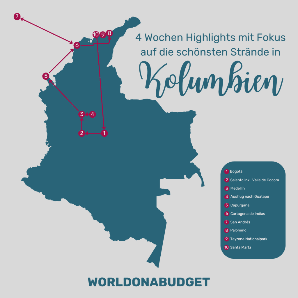 Eine Karte mit einer Kolumbien Rundreise in 4 Wochen mit dem Schwerpunkt auf die größten Highlights und schönsten Strände