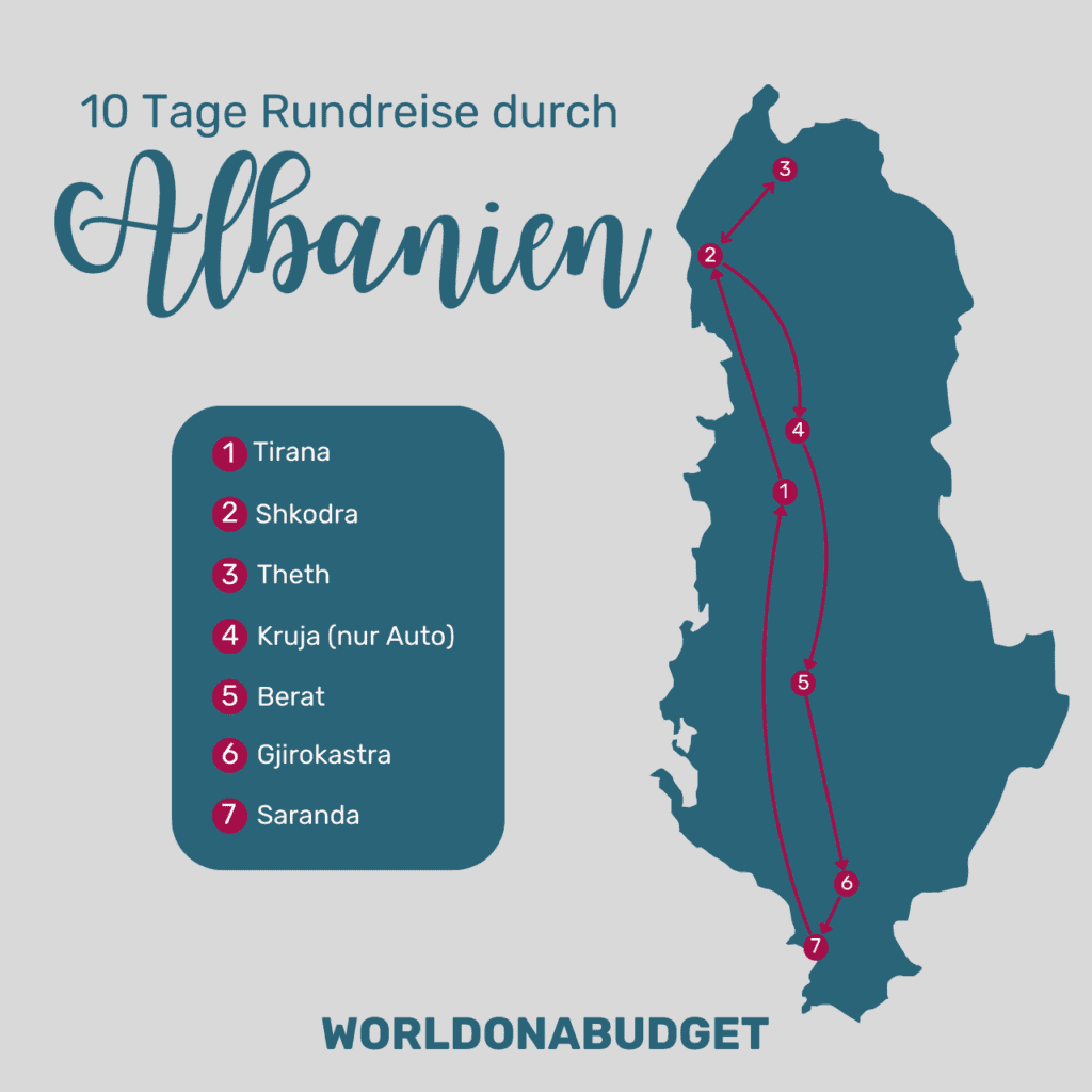 Eine Karte mit den Highlights bei einer Albanien Rundreise 10 Tage