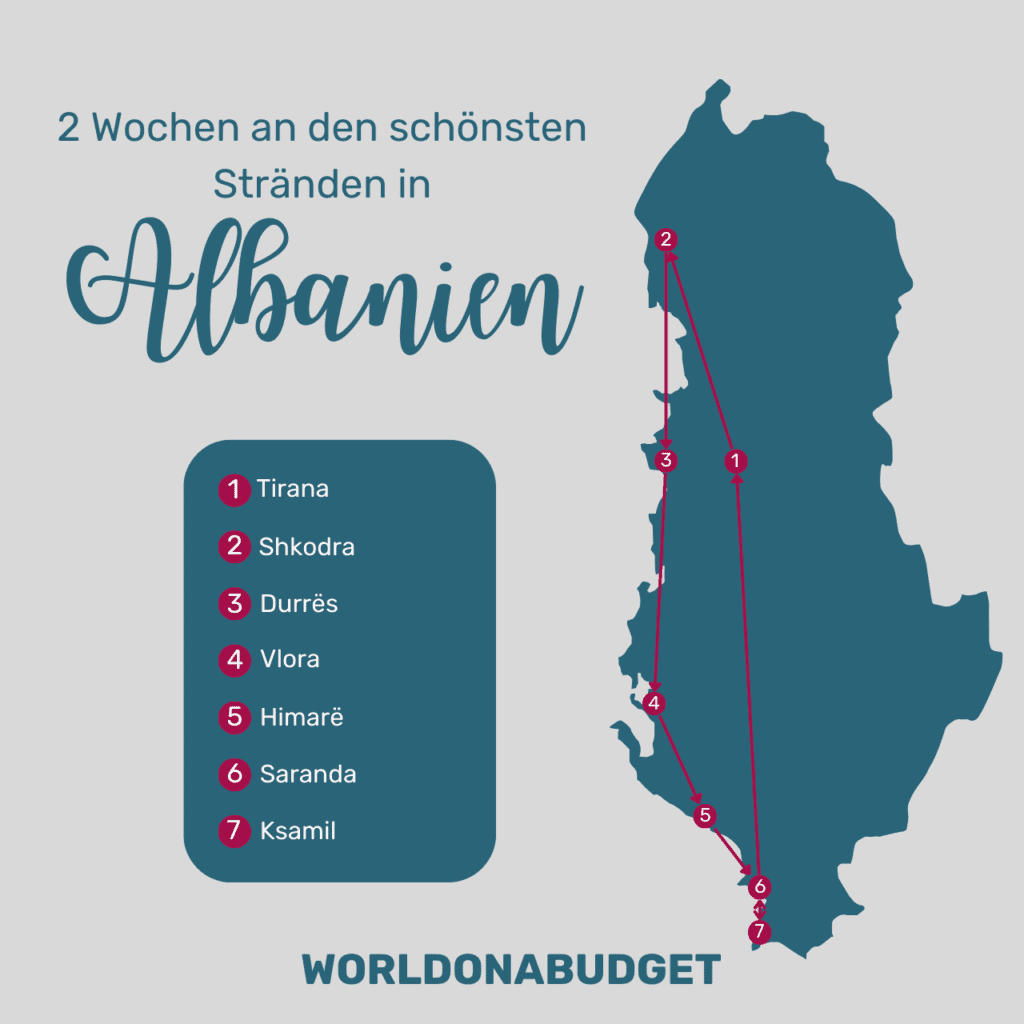 Eine Karte mit einer Albanien Rundreise für 2 Wochen zu den schönsten Stränden