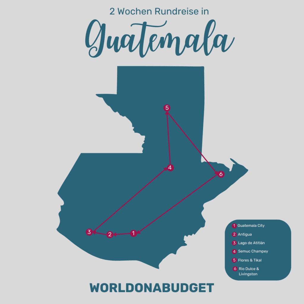 Guatemala Rundreise Karte mit Reiseroute für 2 Wochen.