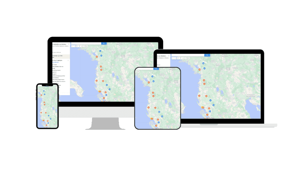 Google Maps Karten von Worldonabudget auf verschiedenen Screens.