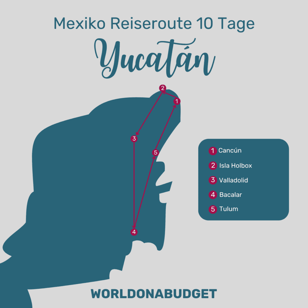 Unsere Reisroute für 10 Tage in Mexiko auf der Yucatán Halbinsel.