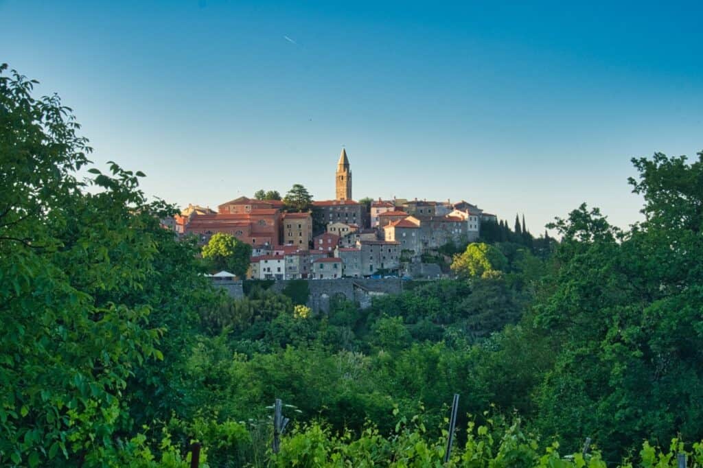 Blick auf das Panorama von Labin bei einem Aussichtspunkt.