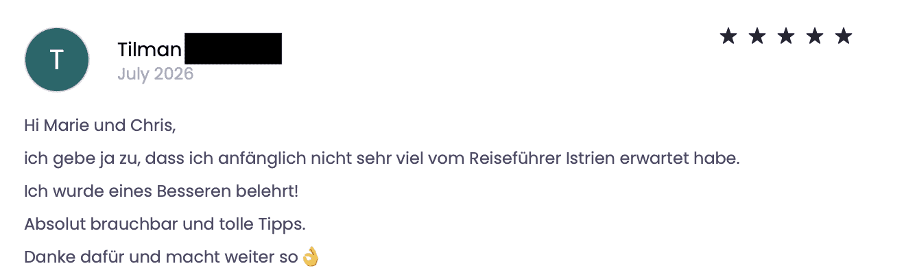Bewertung mit 5 Sternen für den Istrien Reiseführer von Worldonabudget.